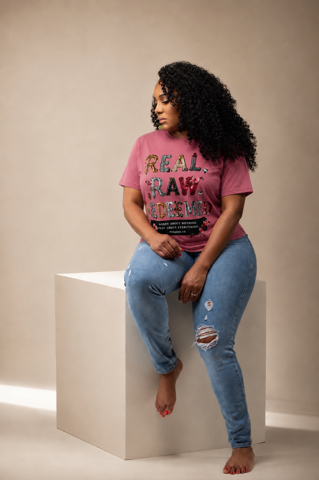 Real Raw Redeemed Women's Tee — Floral Inspirational Christian Shirt