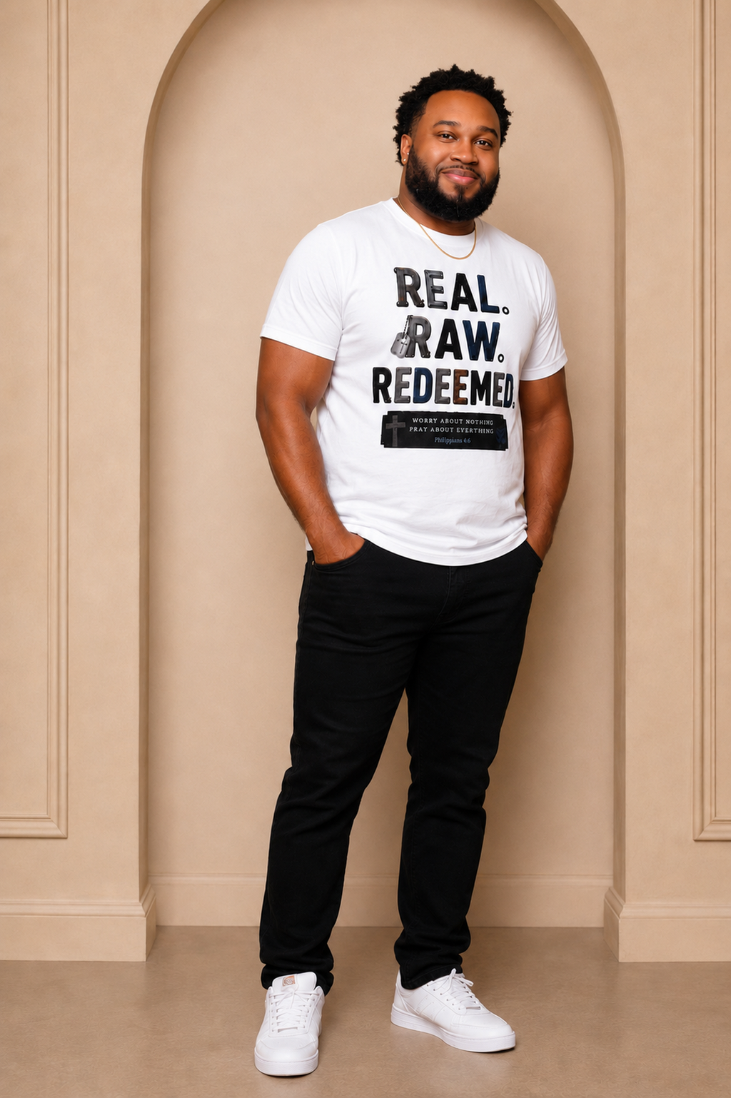 Real. Raw. Redeemed. T-Shirt — Christian Faith Graphic Tee