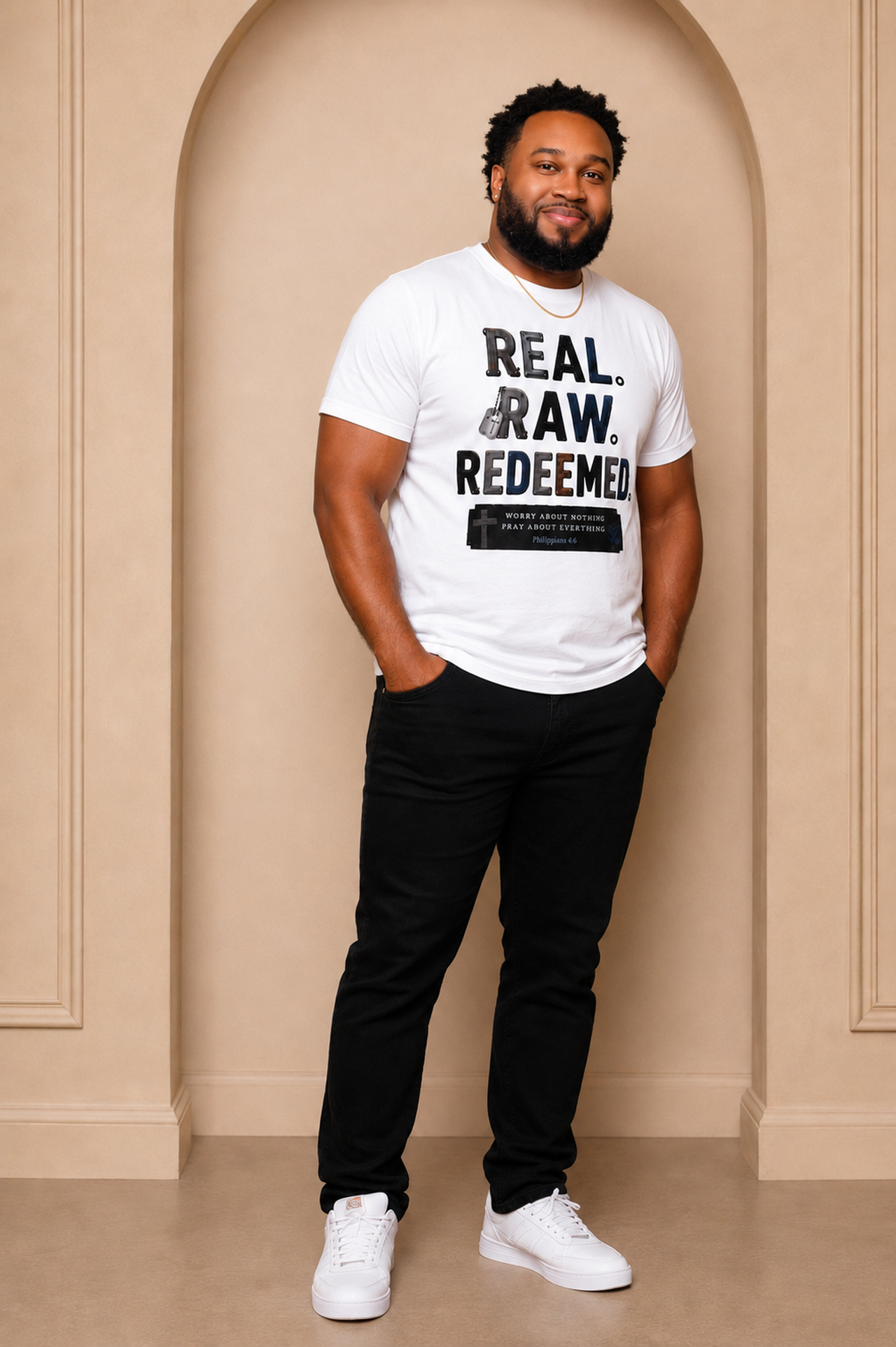 Real. Raw. Redeemed. T-Shirt — Christian Faith Graphic Tee