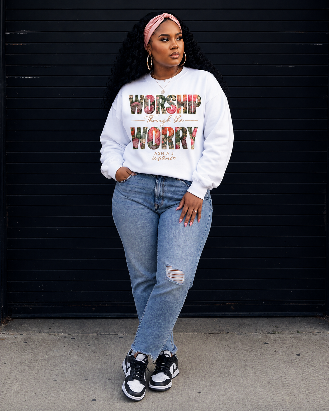 Worship Through the Worry Crewneck Sweatshirt — Floral Graphic Faith Pullover
