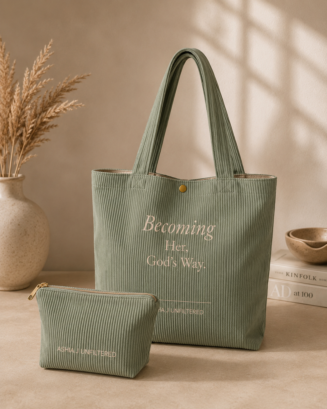 Corduroy Sage Green Tote Bag set
