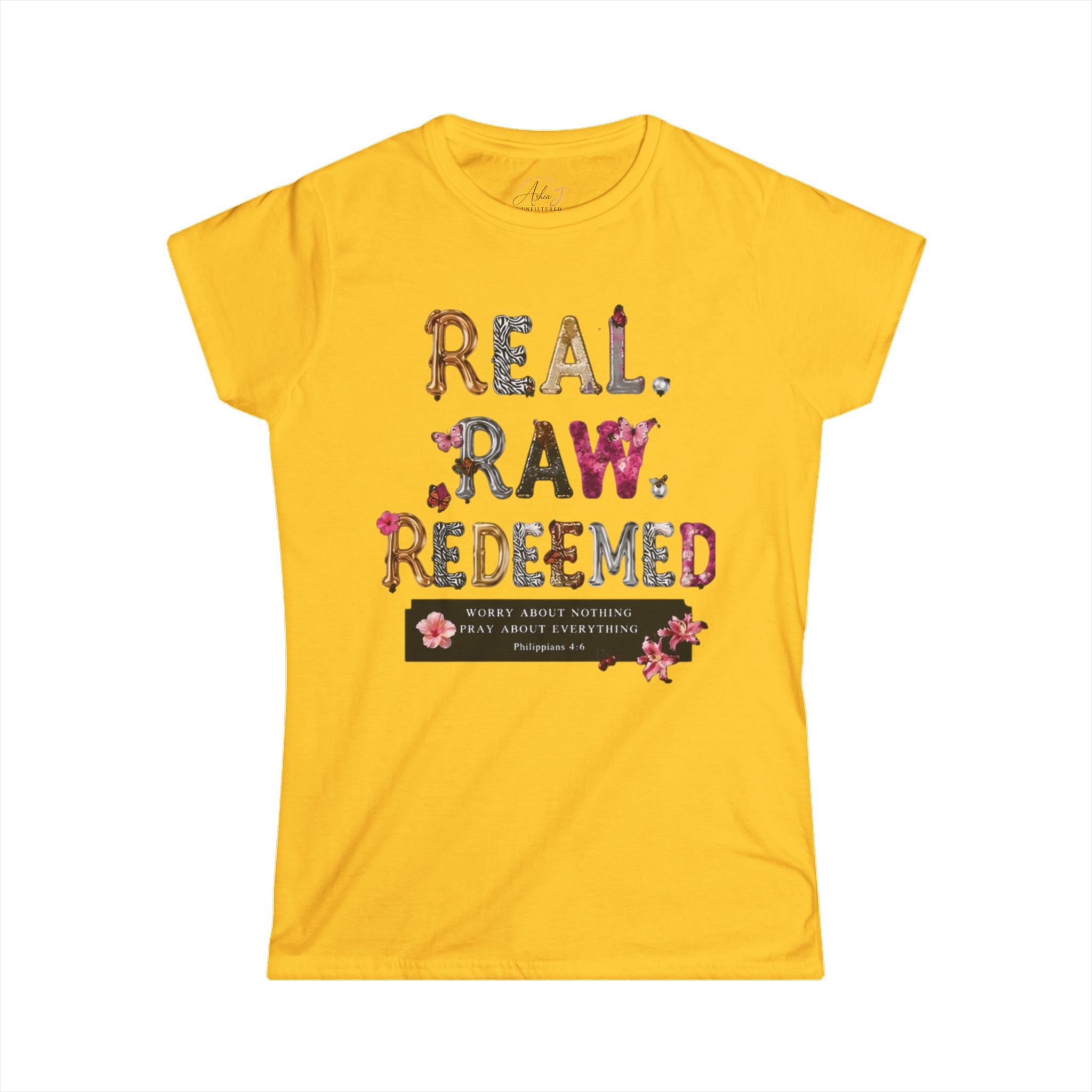 Real Raw Redeemed Women's Tee — Floral Inspirational Christian Shirt