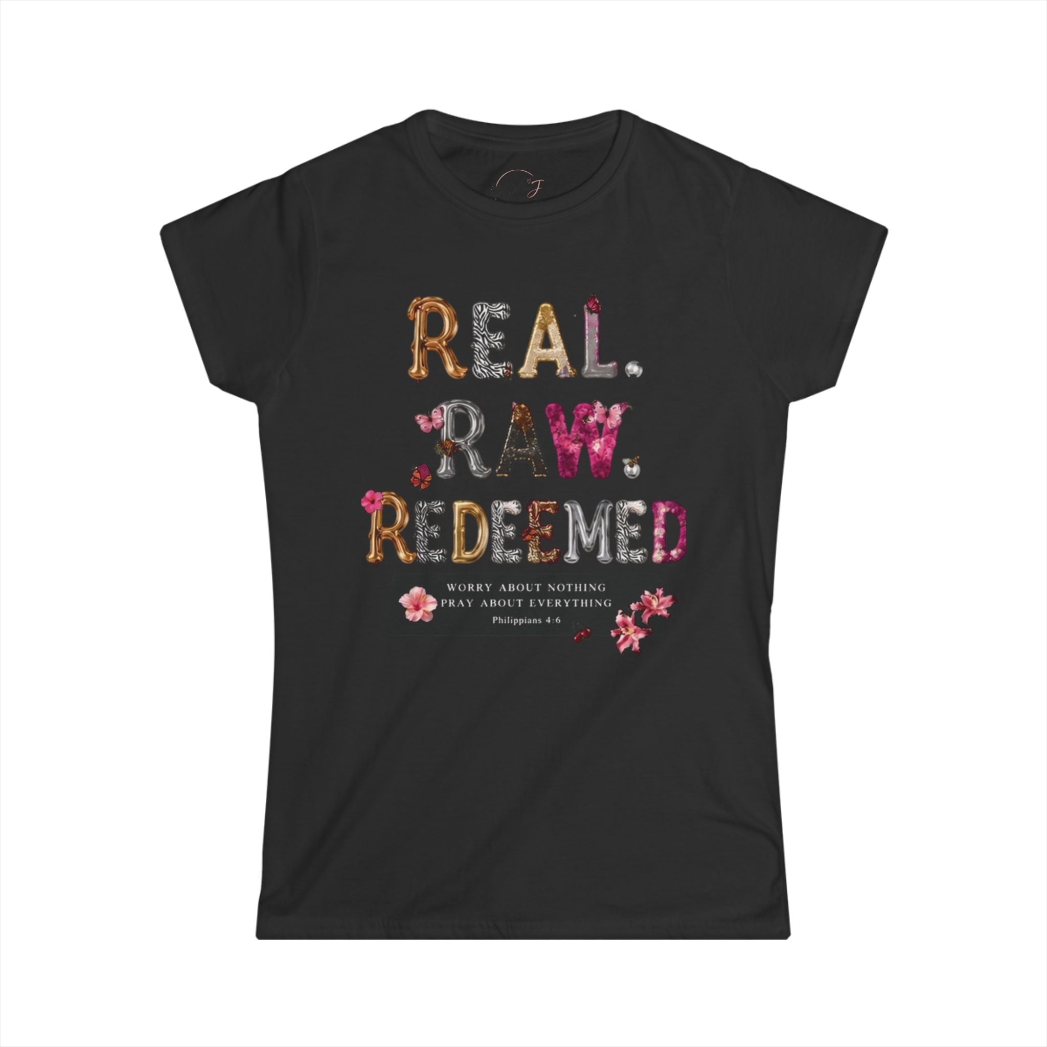 Real Raw Redeemed Women's Tee — Floral Inspirational Christian Shirt